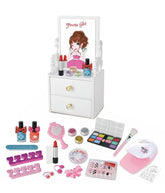 KidoKraze 21-piece DIY wooden dressing table makeup set for girls, includes mirror, brushes, and accessories in colorful packaging
