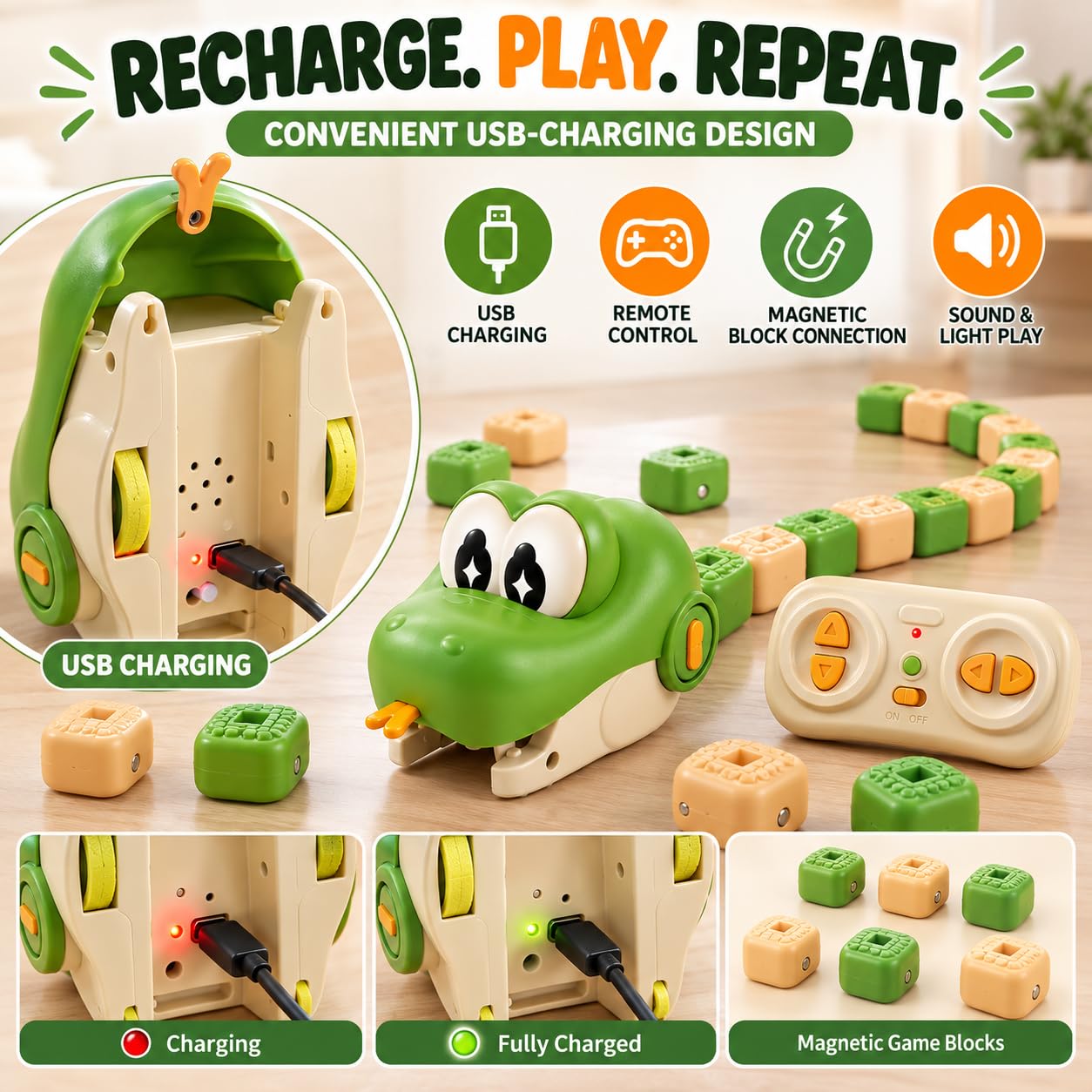 KidoKraze remote control snake toy for kids, green and black plastic snake with moving head and tail, designed for fun play.