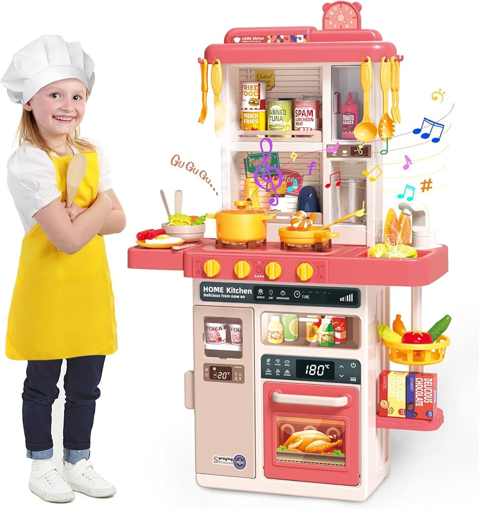 KidoKraze DIY Kitchen play house for girls with colorful toy kitchen accessories and pretend cooking utensils.