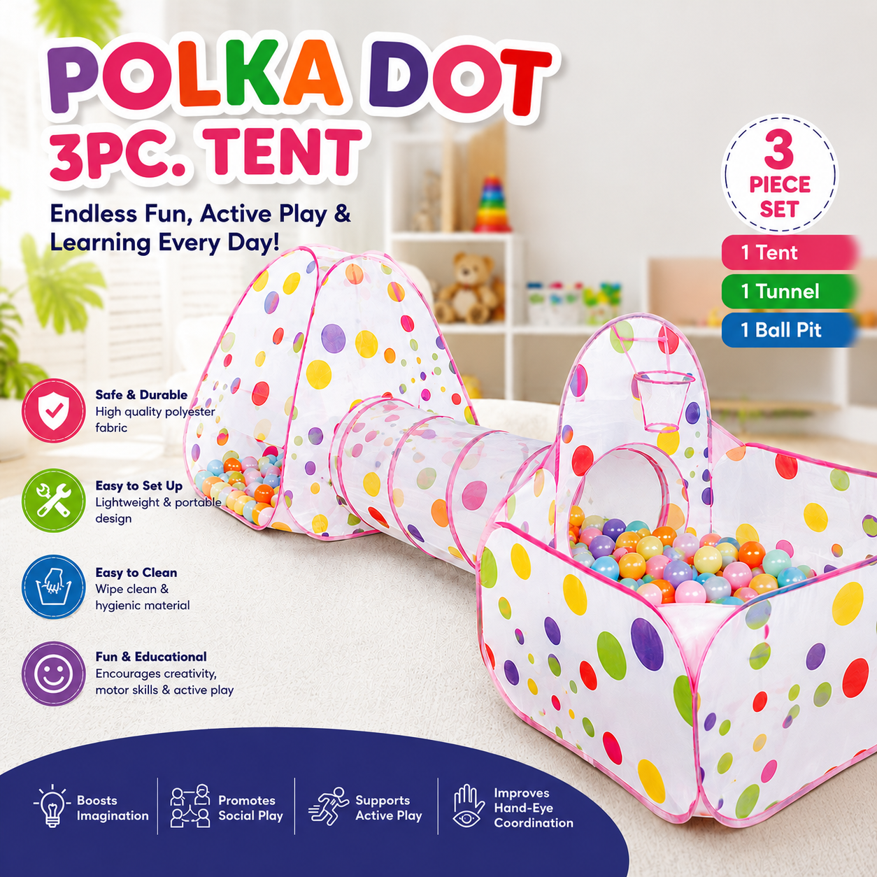 KidoKraze 3-in-1 tunnel tent house for kids with colorful soft balls, featuring vibrant fabric and playful design.