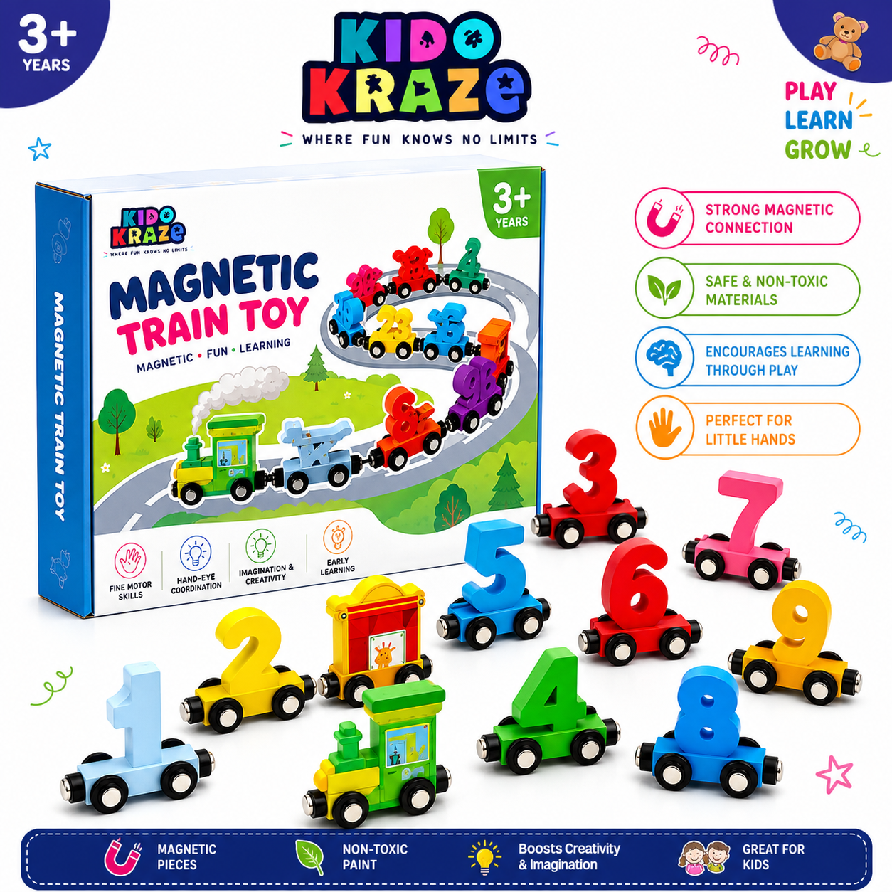 KidoKraze Magnetic Digital Number Train toy for kids with colorful number train pieces and magnetic connectors