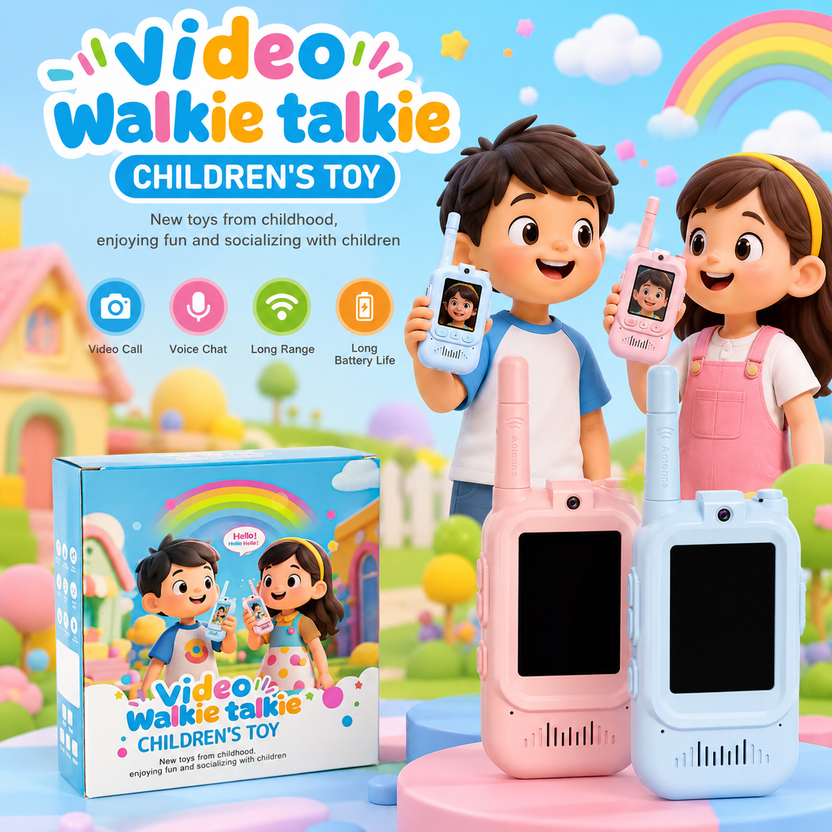 KidoKraze 2-pack rechargeable kids' video walkie talkies with colorful designs, showing the devices with screens and colorful buttons.