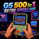 KidoKraze G5 500-in-1 retro console game for kids with colorful controllers and multiple classic game cartridges displayed.