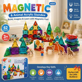 KidoKraze 62-piece magnetic building blocks set for kids, educational STEM toy with colorful geometric shapes and magnetic connectors.