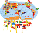 Wooden World Map With 30 Flags