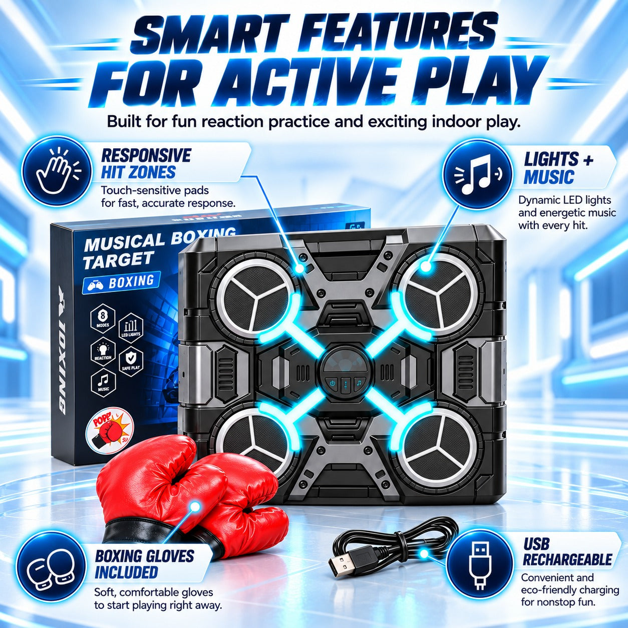 KidoKraze smart music boxing target toy with colorful punching pads and sensors for interactive boxing play.