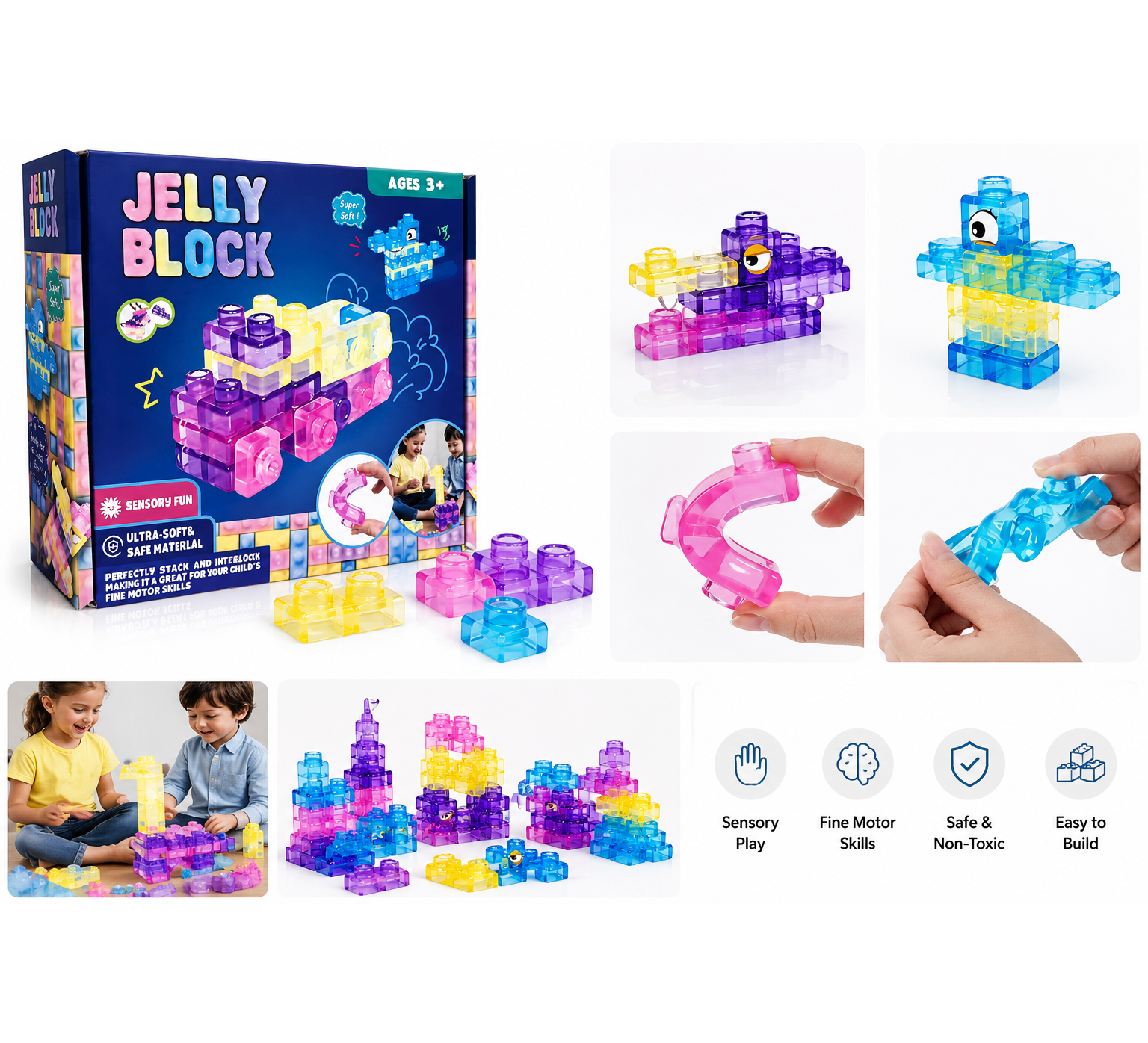 Set of 40 sensory soft gummy blocks by KidoKraze, colorful jelly-shaped building blocks for tactile play and sensory development.
