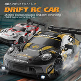 KidoKraze 1:16 scale high-speed 4WD RC drift racing car on a track, showcasing its sleek design and vibrant colors.