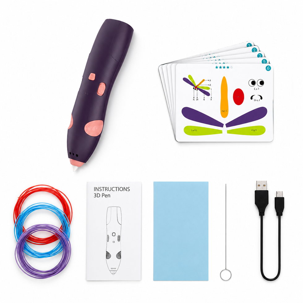 KidoKraze rechargeable 3D printing pen for kids, showing colorful 3D designs being drawn and created with the pen.
