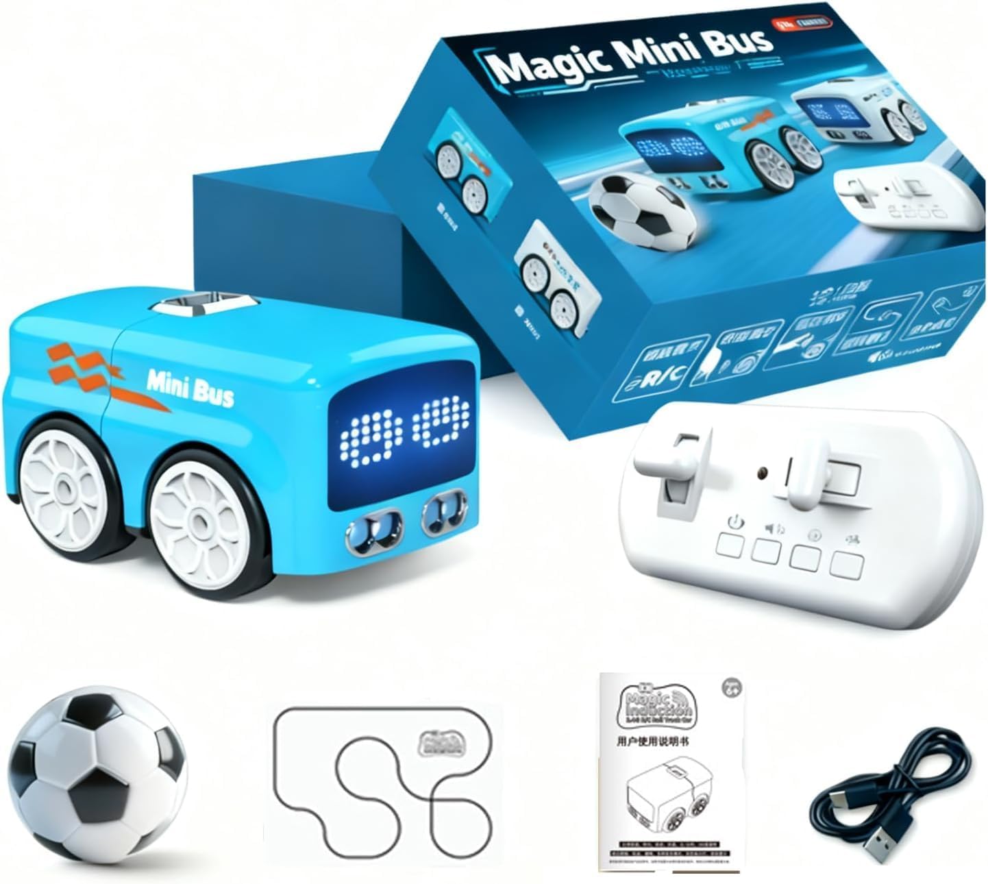 KidoKraze Magic Mini Bus 5-in-1 Smart RC Football Toy with colorful design and remote control features for kids playing fun.