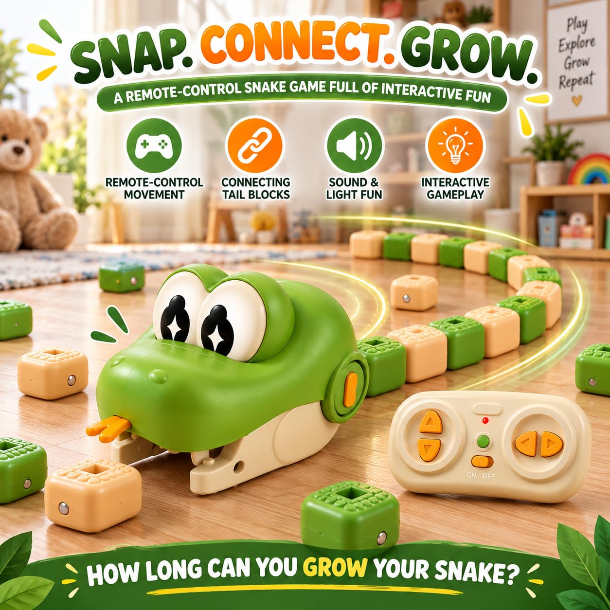 KidoKraze remote control snake toy for kids, featuring a colorful, flexible snake with LED eyes and a sleek remote control.
