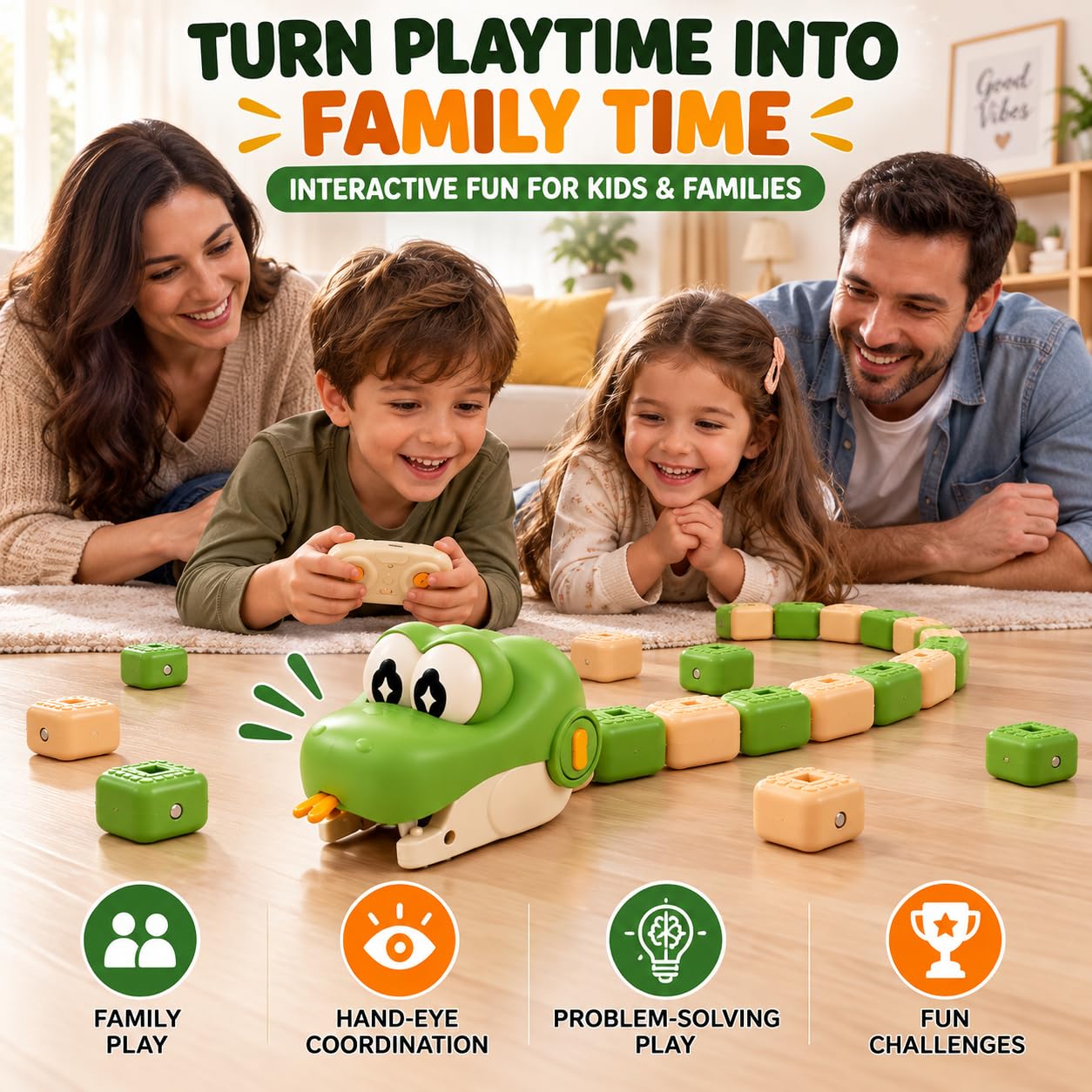 KidoKraze remote control snake toy for kids, showing a colorful, flexible plastic snake with remote control in hand.