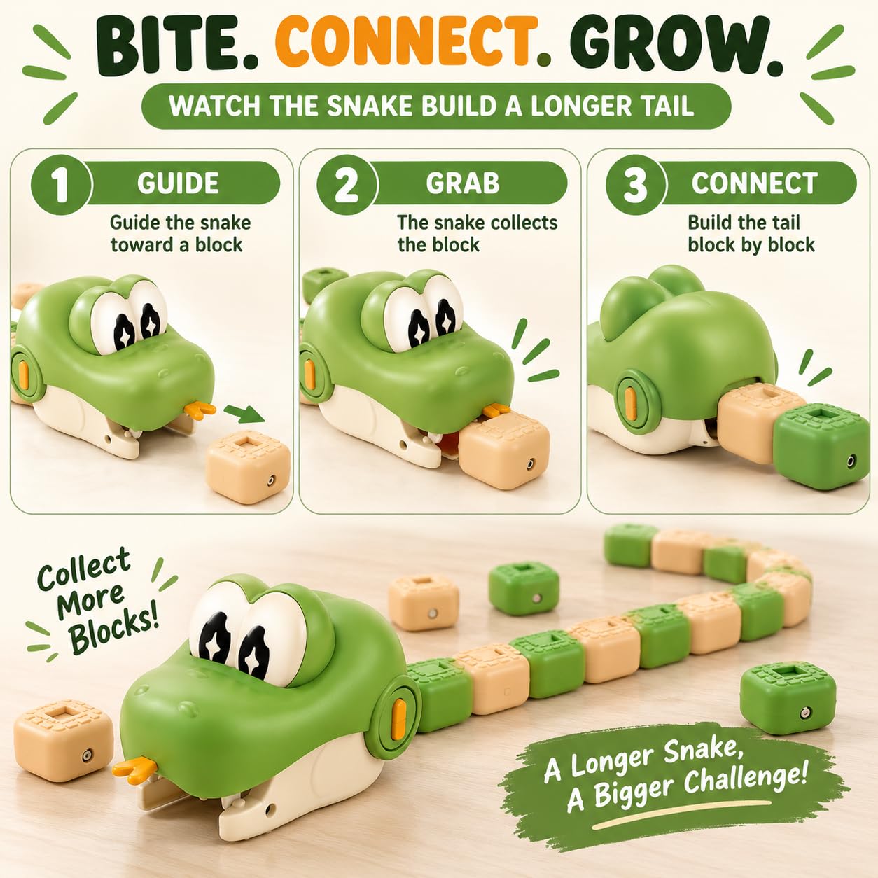 KidoKraze remote control snake toy for kids, green plastic snake with LED eyes and remote control in hand.