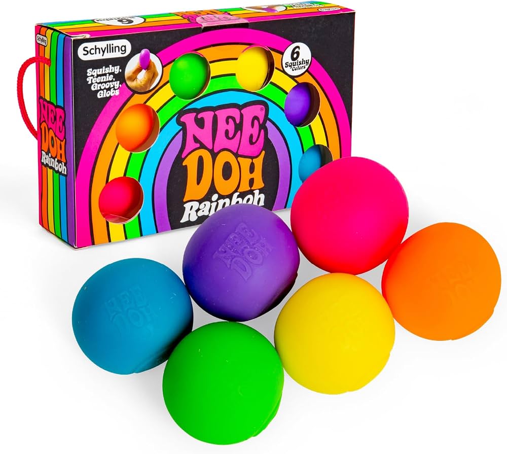 KidoKraze NeeDoh Rainbow Groovy Globs pack of 6, colorful stretchy stress toys with vibrant rainbow colors and soft, squishy texture.