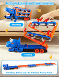 KidoKraze 2-in-1 foldable dinosaur truck with six cars and race track, featuring colorful dinosaur and vehicle details.
