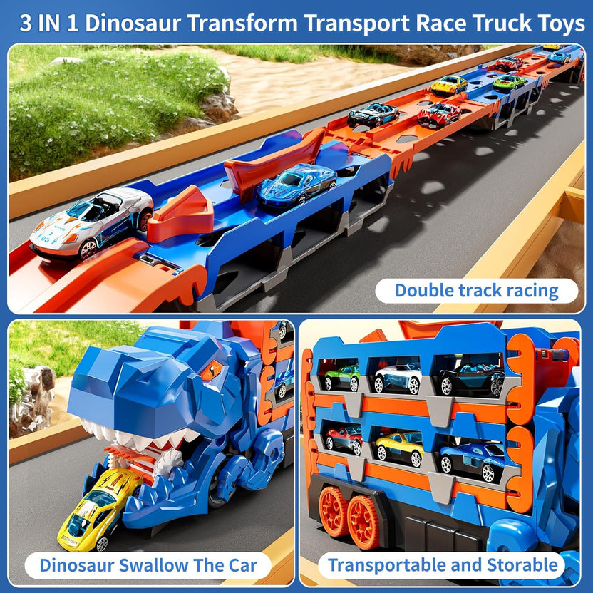 2-in-1 Foldable Dinosaur Truck With 2Pcs Alloy Cars and Racing Track