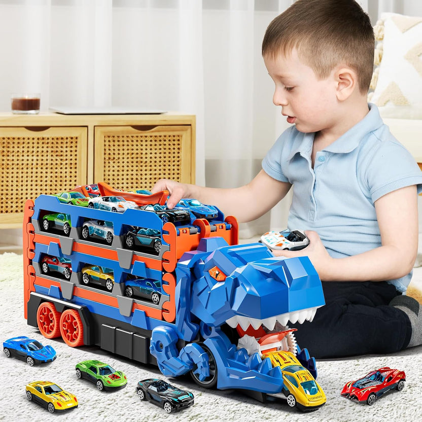2-in-1 Foldable Dinosaur Truck With 2Pcs Alloy Cars and Racing Track