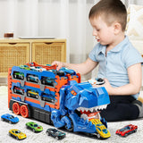 2-in-1 Foldable Dinosaur Truck With 2Pcs Alloy Cars and Racing Track