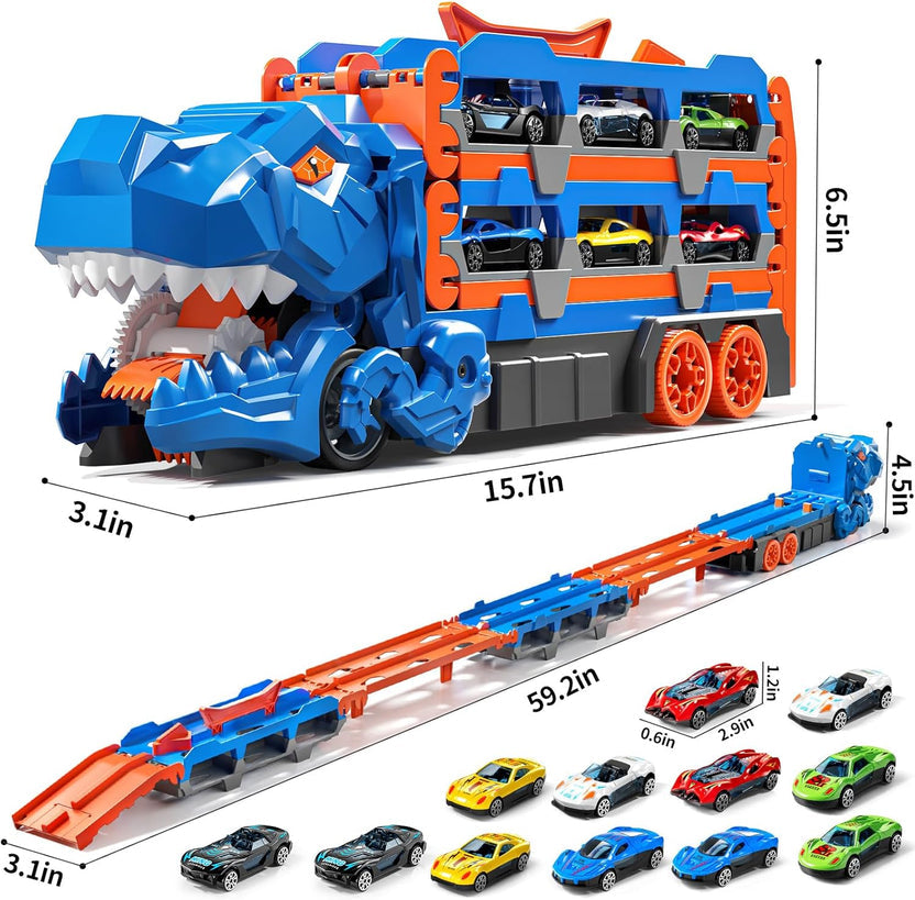 2-in-1 Foldable Dinosaur Truck With 2Pcs Alloy Cars and Racing Track