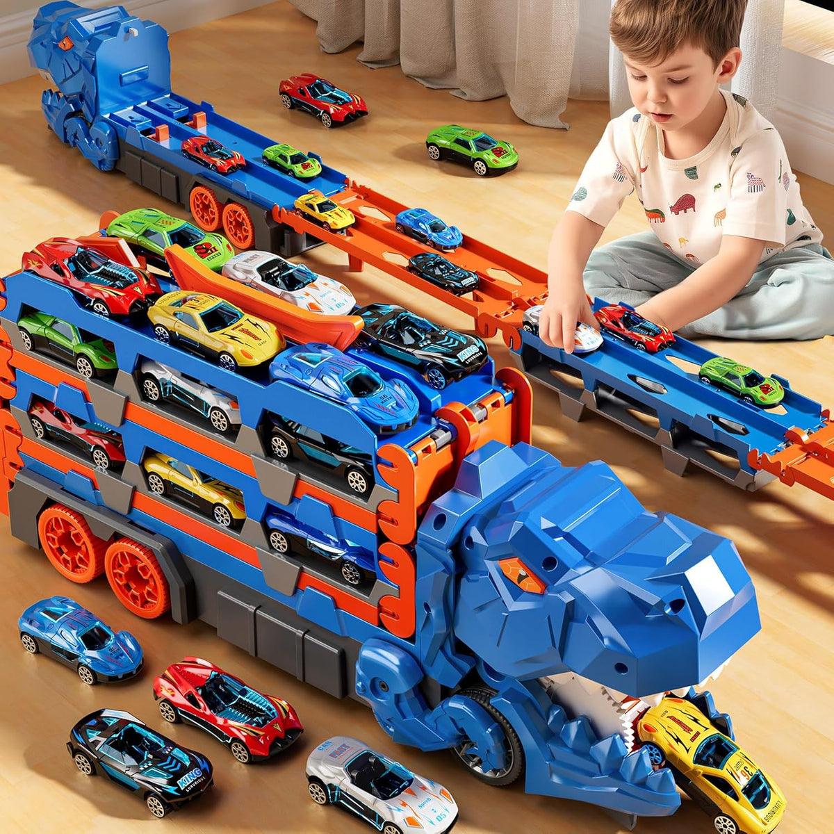 2-in-1 Foldable Dinosaur Truck With 2Pcs Alloy Cars and Racing Track