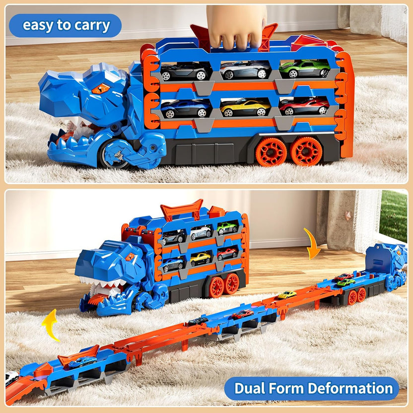 2-in-1 Foldable Dinosaur Truck With 2Pcs Alloy Cars and Racing Track