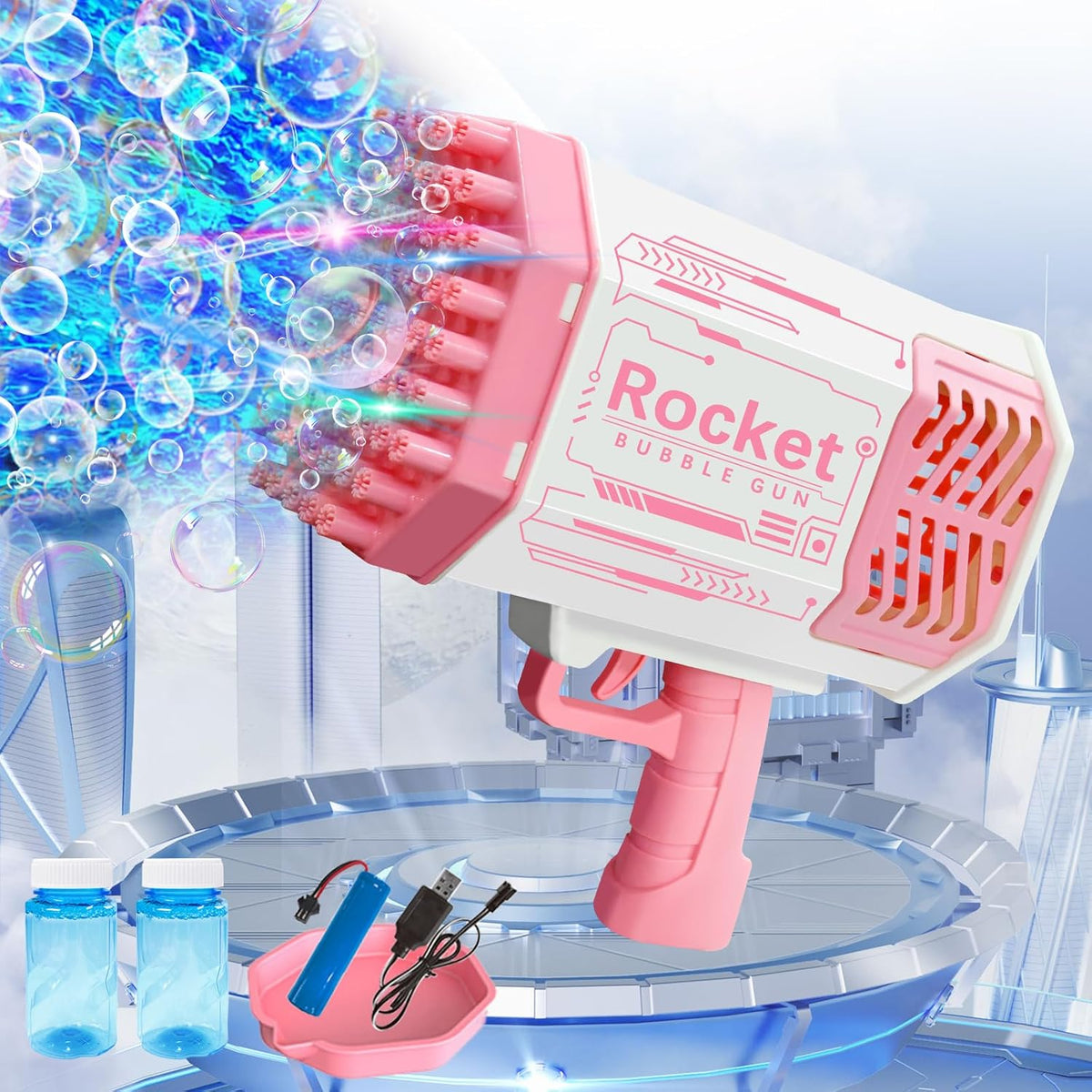 KidoKraze automatic bubble gun for kids, handheld bubble machine gun with colorful design and bubble solution tank.