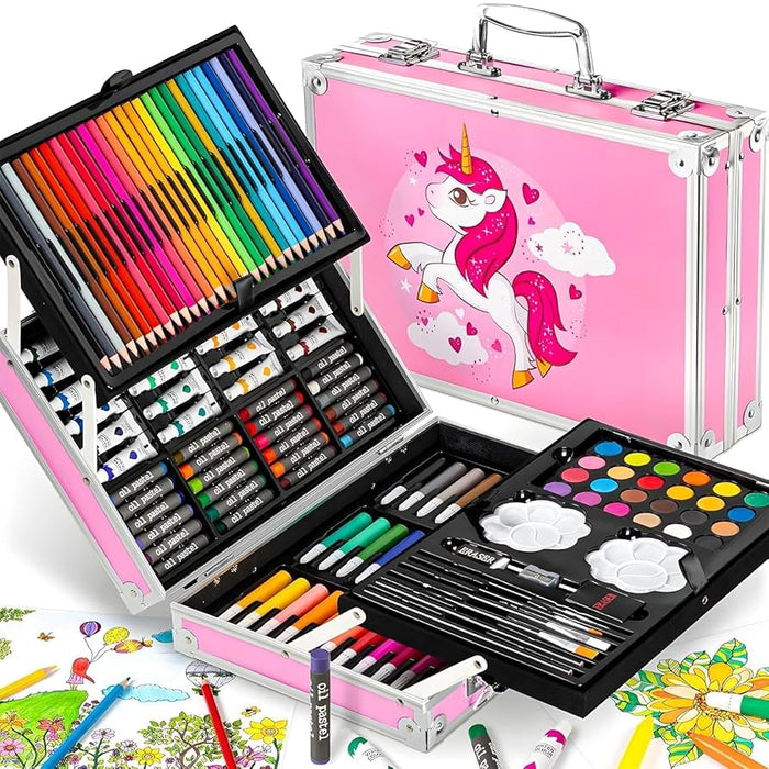 KidoKraze unicorn art set for kids includes colorful markers, crayons, and drawing paper with unicorn designs and illustrations.