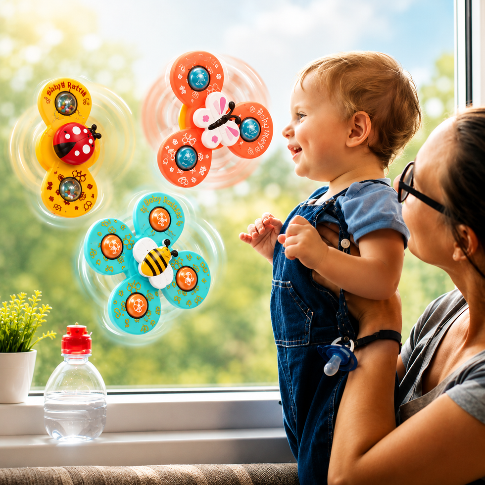 KidoKraze 3-piece suction cup spinner toy set for kids, featuring colorful plastic spinners attached to suction cups for baby play.