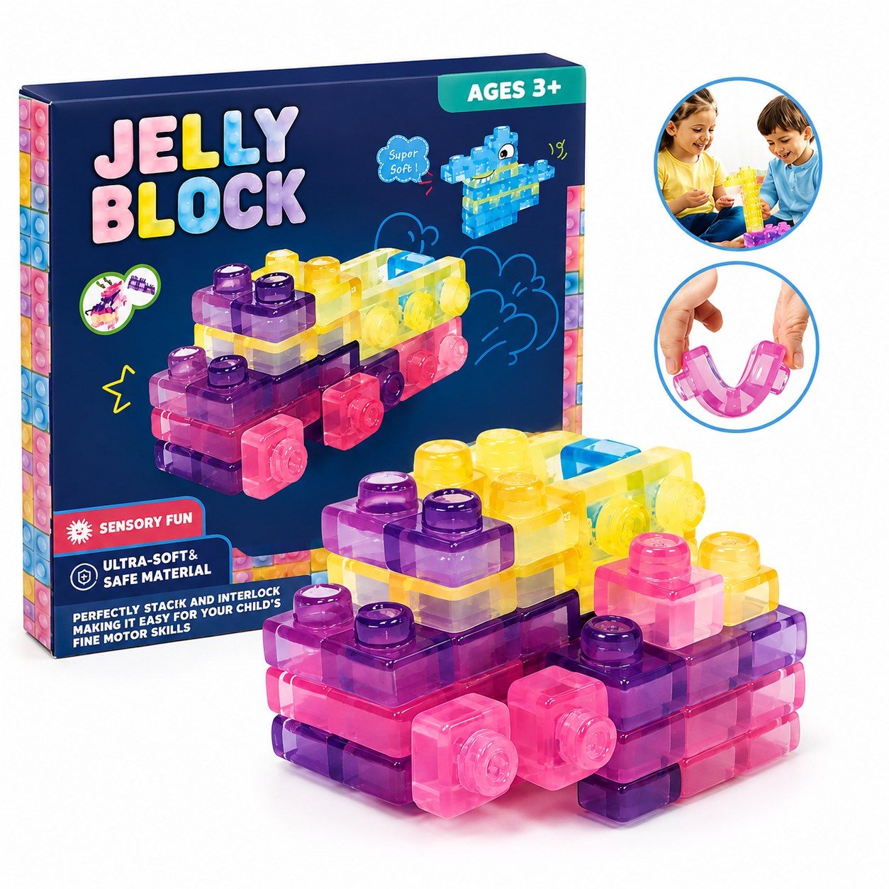 Set of 40 KidoKraze sensory soft gummy blocks in various colors and shapes for tactile and sensory play.