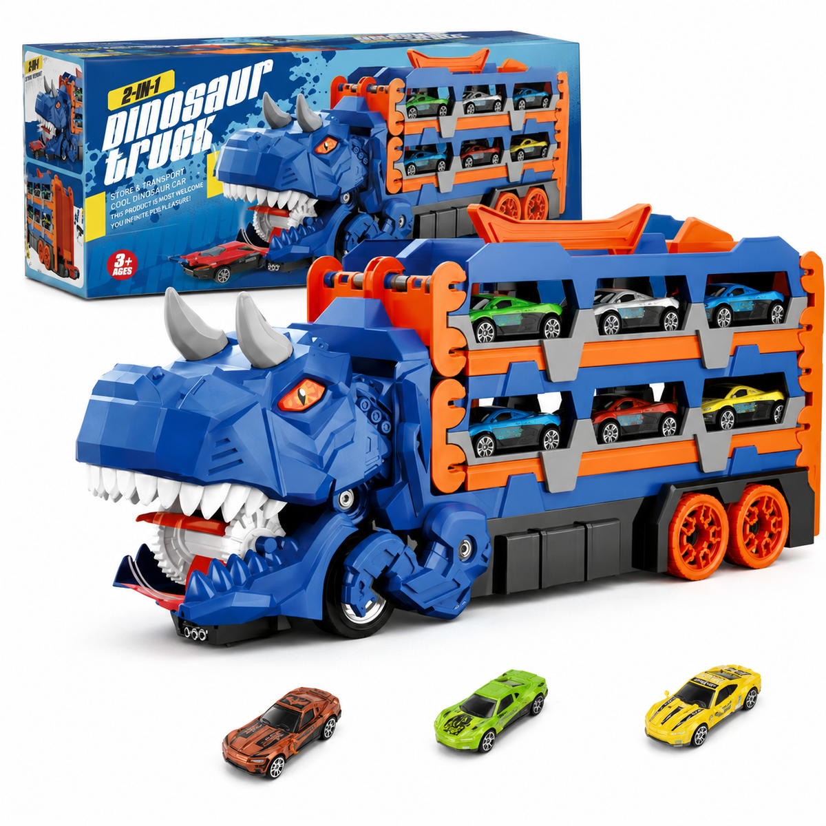 KidoKraze 2-in-1 foldable dinosaur truck with six colorful cars and a racing track for kids' play and entertainment.