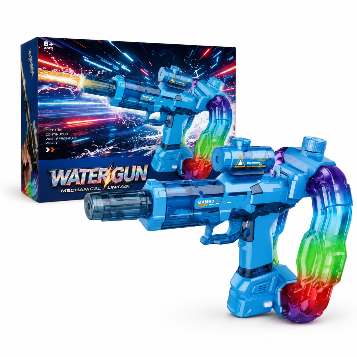 Kids electric LED water gun by KidoKraze with colorful LED lights, featuring a sleek design for outdoor water play.
