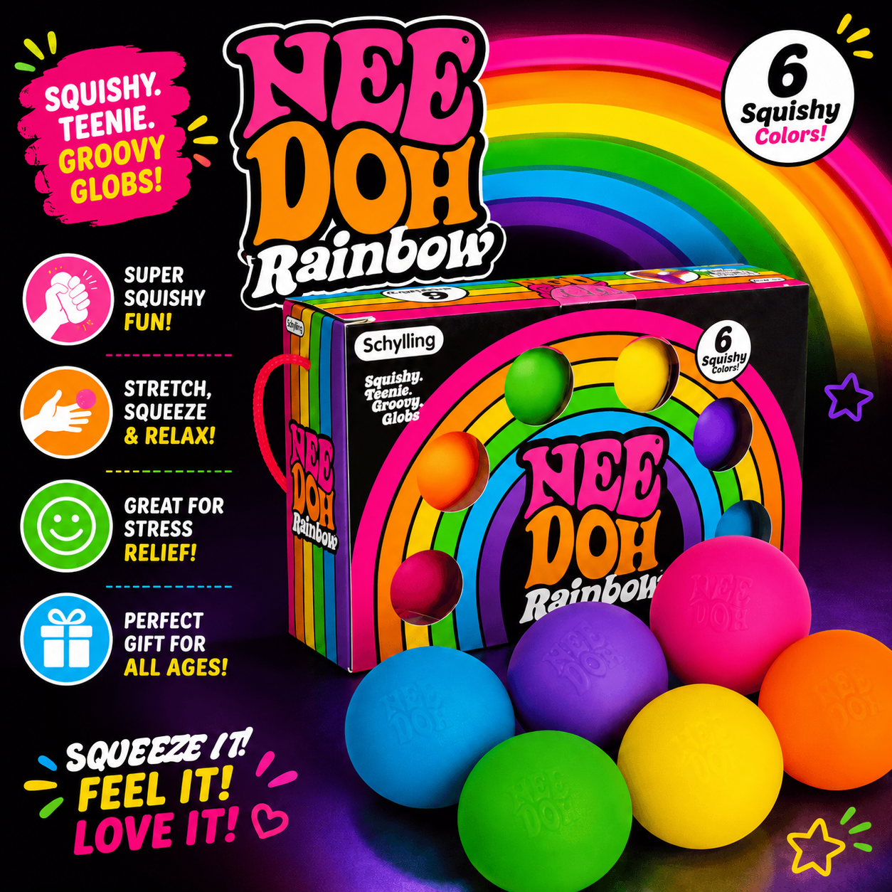 Six colorful NeeDoh Rainbow Groovy Globs by KidoKraze, soft and textured stress-relief toys in vibrant rainbow colors.