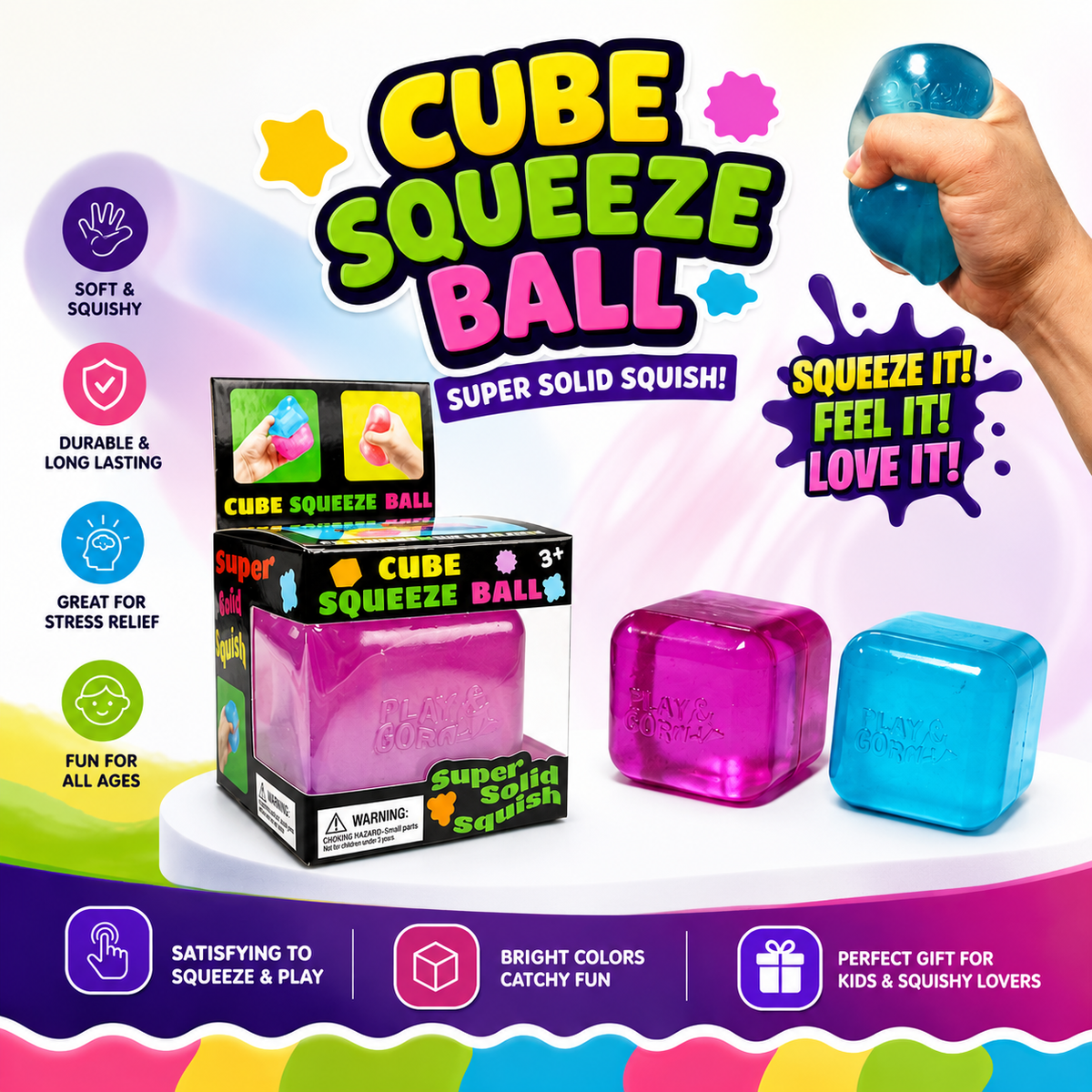 KidoKraze Nee Doh Nice Cube sensory squeeze stress toy with colorful, soft, and textured rubber exterior for stress relief and tactile fun.