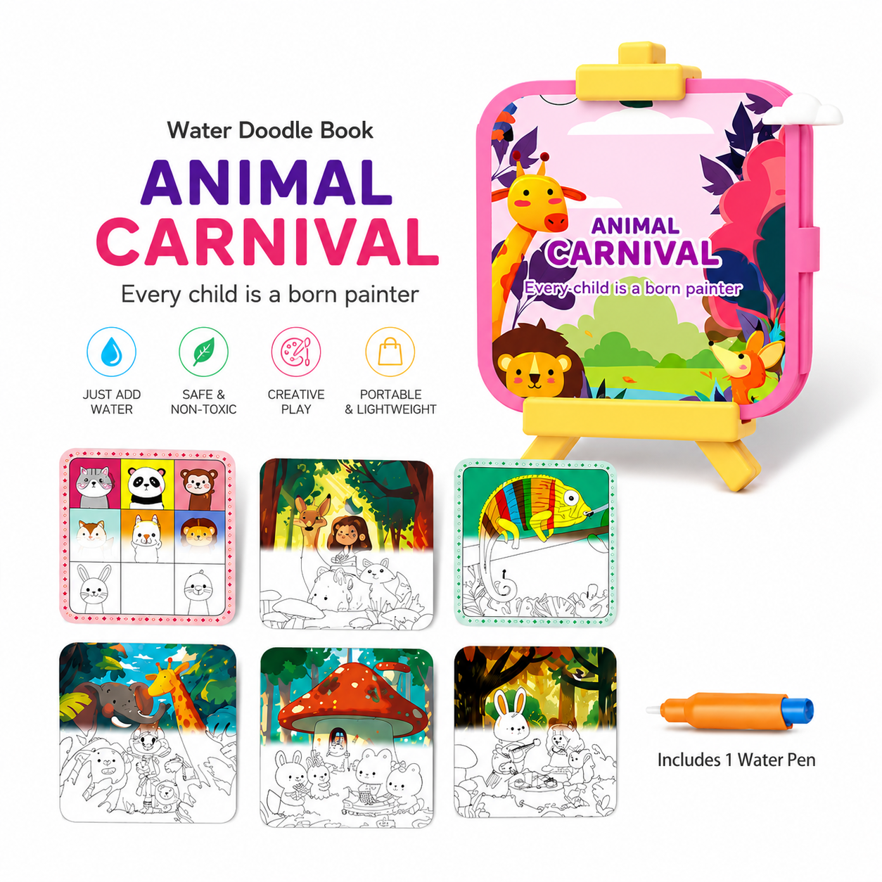 Kids water doodle book by KidoKraze featuring colorful pages and a water-filled pen for endless creative drawing fun.