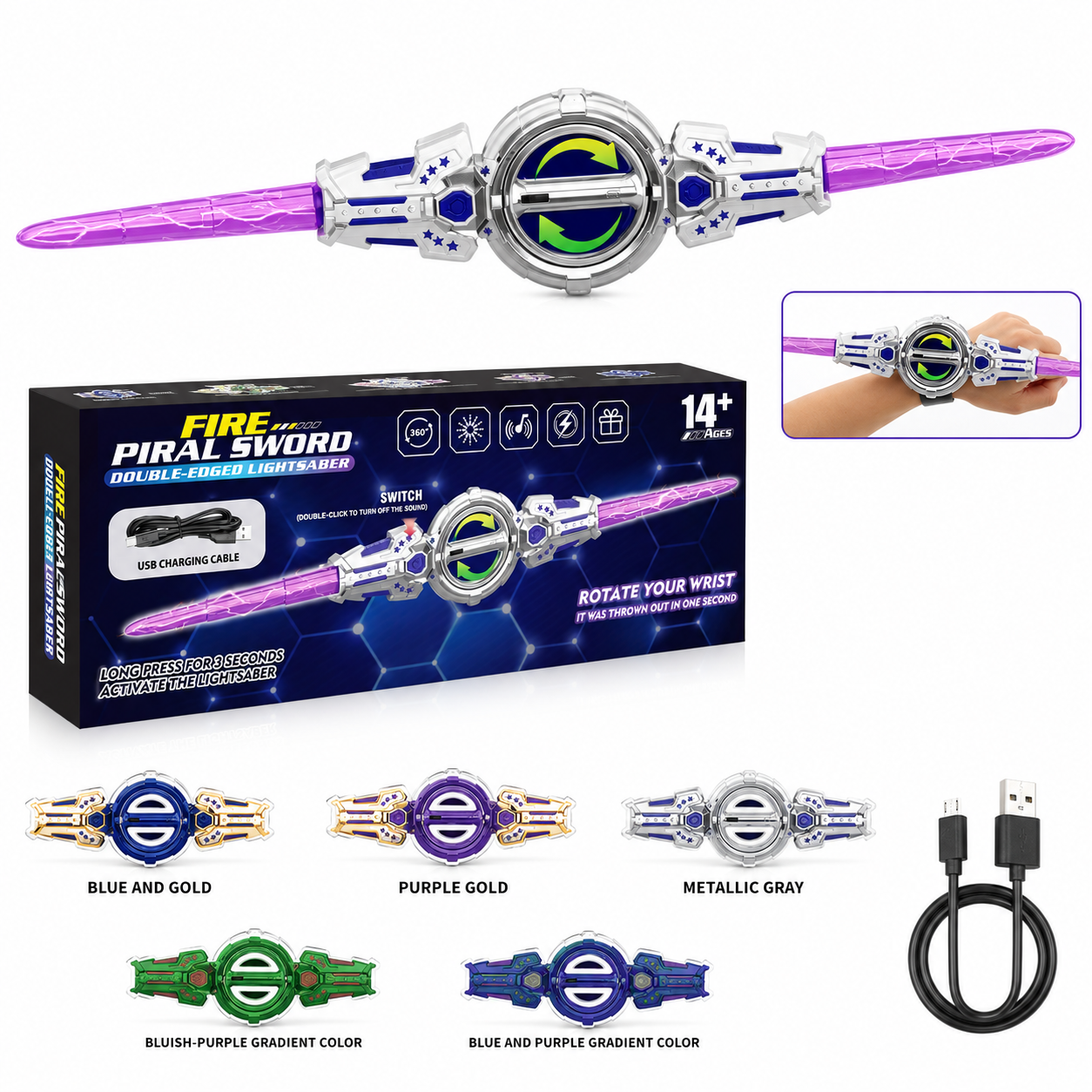KidoKraze dual-head rotate sword with sound effects and lights, featuring vibrant blades and ergonomic handle for kids' pretend play.