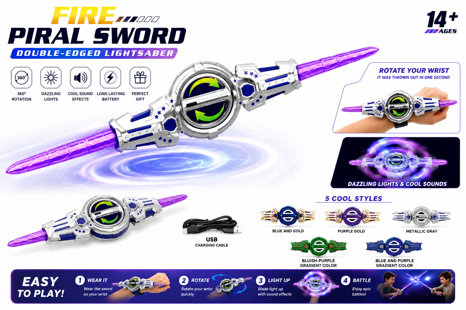 KidoKraze dual-head rotate sword with sound and lights, featuring shiny blades, colorful lights, and a sturdy handle for kids to play with.