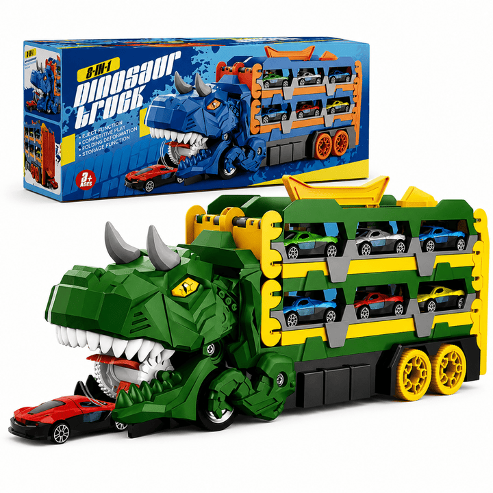 KidoKraze 2-in-1 foldable dinosaur truck with six small cars and racing track, featuring colorful dinosaur and vehicle designs.