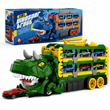 KidoKraze 2-in-1 foldable dinosaur truck with six small cars and racing track, featuring colorful dinosaur and vehicle designs.