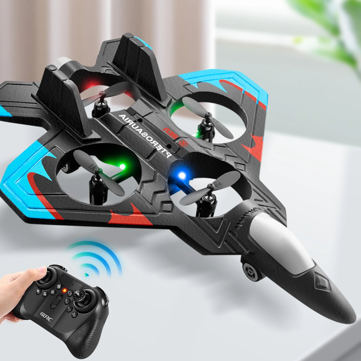 KidoKraze 2.4GHz RC space fighter jet model flying through the sky with detailed design and sleek silver finish