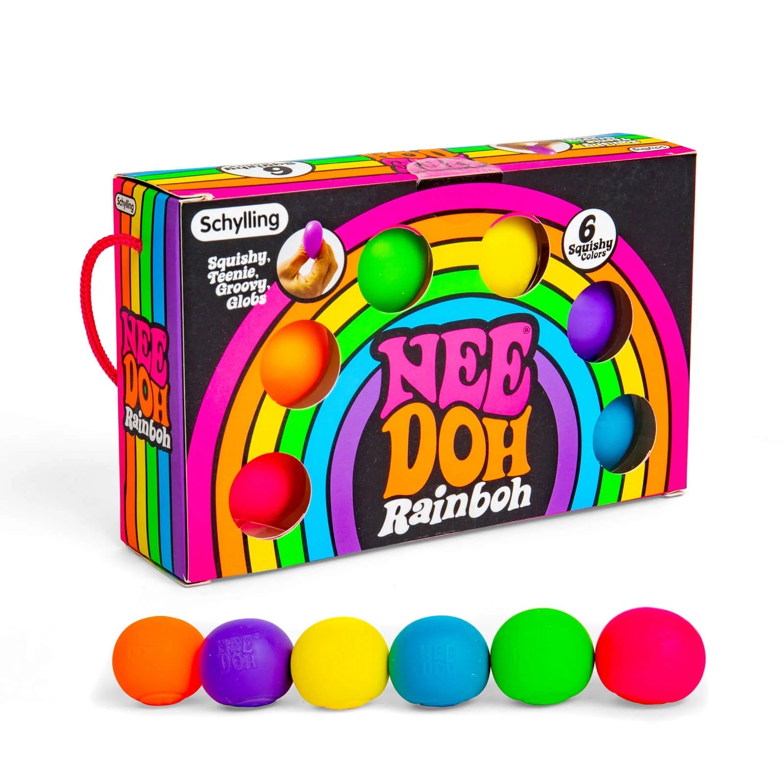 Six colorful NeeDoh Rainbow Groovy Globs in a pack by KidoKraze, soft, stretchy stress toys with vibrant rainbow colors.