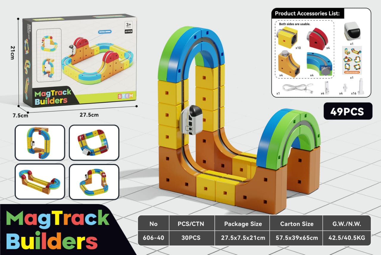 Martin's Hub MagTrack Builder magnetic STEM track set with 49 pieces, featuring colorful magnetic tracks and connectors for kids.