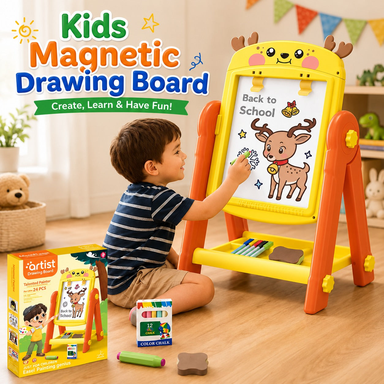KidoKraze dual-sided magnetic drawing board art easel with 24-piece educational toy set for kids.