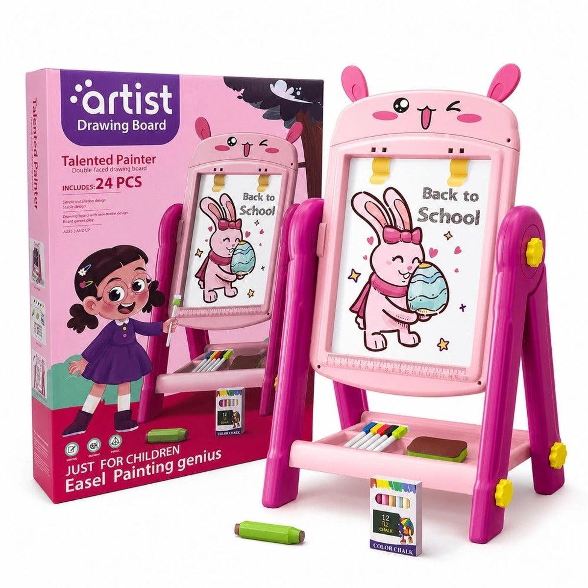 KidoKraze dual-sided magnetic drawing board art easel with 24 pieces, educational toy for kids, colorful art and drawing tools visible.