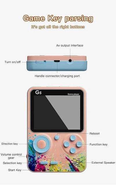KidoKraze G5 Handheld Game Console with colorful retro design, featuring 500+ built-in classic arcade and puzzle games.