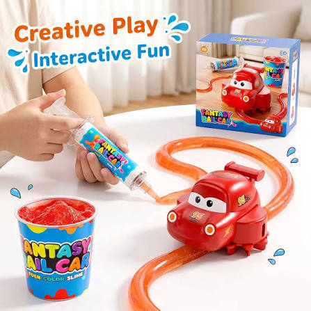 KidoKraze DIY Magic Slime Track Car Toy with colorful slime tracks and small toy cars on a play mat.