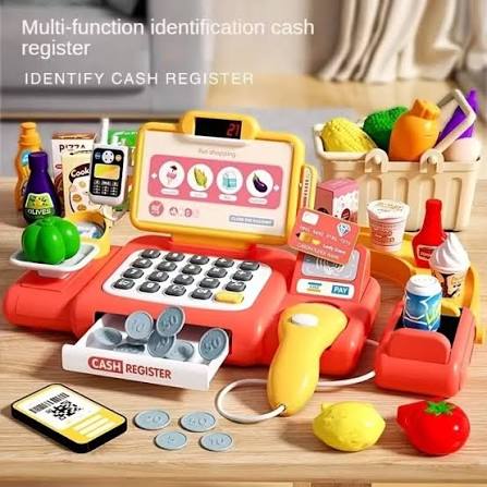 KidoKraze kids pretend play grocery store cash register toy set with 37 pieces including cash register, shopping items, and play money.