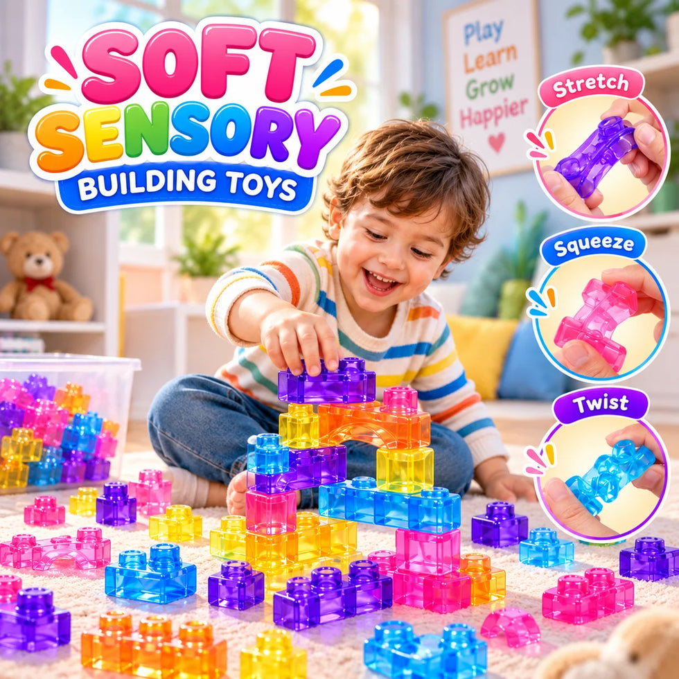 Set of 40 PCS KidoKraze sensory soft gummy building blocks for kids, colorful and textured jelly-shaped toy blocks for play and learning.