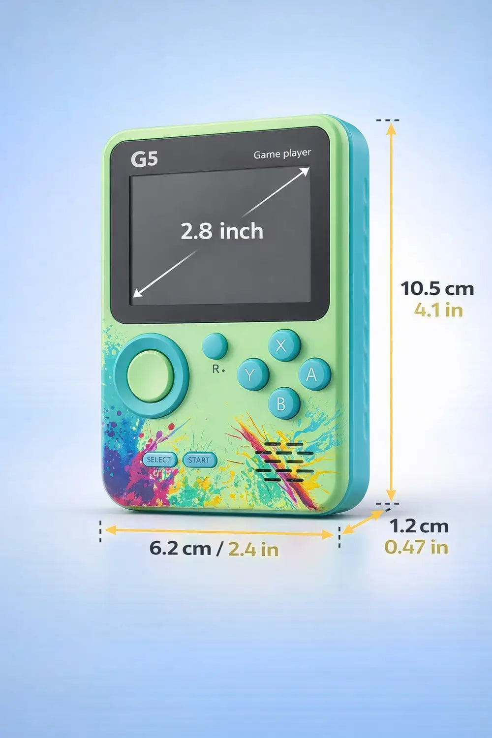 KidoKraze G5 Handheld Game Console with LCD screen displaying retro games and a sleek portable design.