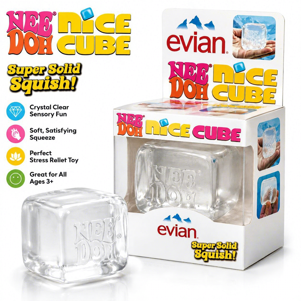 KidoKraze Evian Needoh Nice Cube stress relief squishy toy with Evian beverage-themed design and maltose slow rebound texture.